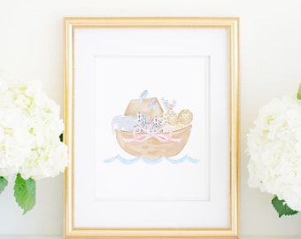 8x10 Druck | Rosa Schleife Aquarell Arche Noah Kunstwerk | Kinderzimmer Kunst | Mädchenzimmer | Zwei mal Zwei | Tiere | 5033