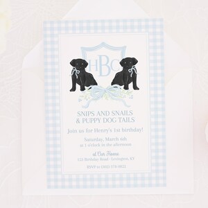 Invitation | 5x7 | Black Lab Puppy Party Invite | Watercolor Snips and Snails | Black Puppy Dog Birthday for Little Boy | Paw-ty | 1027