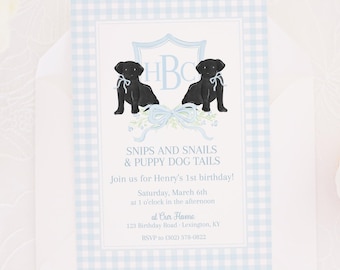 Invitation | 5x7 | Black Lab Puppy Party Invite | Watercolor Snips and Snails | Black Puppy Dog Birthday for Little Boy | Paw-ty | 1027