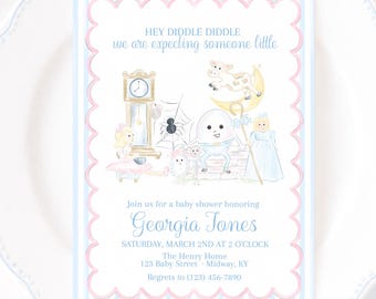 Nursery Rhyme Invitation Gender Neutral (5x7 Printable Digital Download), Watercolor Grandmillennial Preppy Style 1030