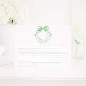 Kerstbriefpapier voor kinderen, krans met groene strik, stippellijnen | Aquarel afdrukbaar | Brief aan de Kerstman | Kerstverlanglijst 2001