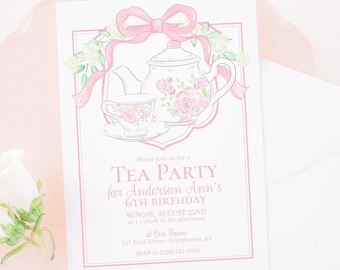 Invitación con escudo para fiesta de té rosa / 5 x 7 / Invitación para fiesta de té con acuarela / Taza de té con estampado chinoiserie con flores rosas y blancas y lazo / 1068