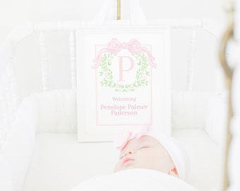 Baby Girl Watercolor Baby Name Sign | 8x10 Printable | Pink Hospital Bassinet Newborn Name Card | Welcome Announcement Monogram Wreath 10002