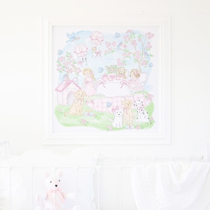 Puppy Tea Party Art | 30x30 | Watercolor Puppy Print | Preppy Grandmillennial Artwork | Little Girl Room Art | Paw-ty Tea Party | Bow | 5023
