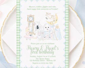 Gender Neutral Nursery Rhyme Invitation in Green (5x7 Printable Digital Download), Watercolor Grandmillennial Preppy Style 1030