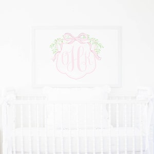24x36cm | Monogramm rosa Crest Art Printable | Aquarell Rosa Blumen Crest Kunstwerk | Aquarell Schleife |  Kinderzimmer | Mädchenzimmer | 1054
