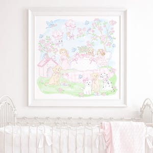 Akwarelowa grafika „Puppy Tea Party” do pokoju dziecięcego lub małej dziewczynki; 30x30 do pobrania w wersji cyfrowej; Preppy Grandmillennial Art Print 5023