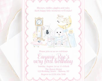 Pretty Pink Nursery Rhyme Birthday Invitation (5x7 Printable Digital Download), Watercolor Grandmillennial Preppy Style 1030