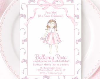 Gaming Gamer Girl Birthday Invitation, Watercolor Preppy Grandmillennial Style (5x7 Digital Download)