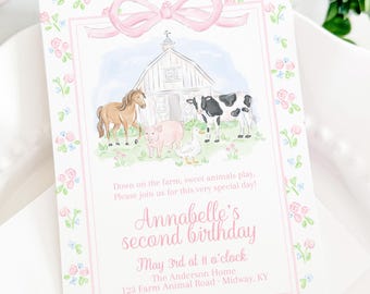 Floral Farm Animals Birthday Invitation with Bow for Girl, Watercolor Preppy Grandmillennial Style (5x7 Digital Download) 3027