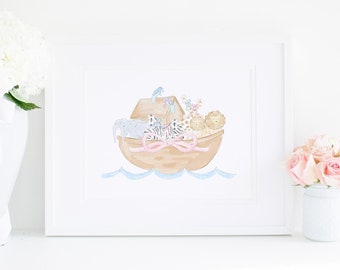 11x14 Druck | Rosa Schleife Aquarell Arche Noah Kunstwerk | Kinderzimmer Kunst | Mädchenzimmer | Über Krippe | Oben Krippe | 5033