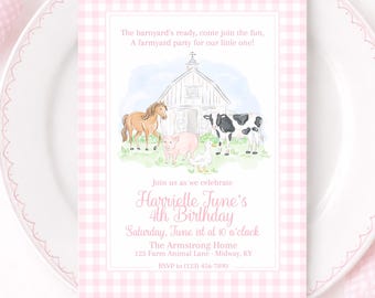 Pink Farm Animals Birthday Invitation with Gingham for Girl, Watercolor Preppy Grandmillennial Style (5x7 Digital Download) 3027