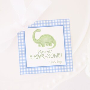 Eres Rawr-some Dinosaur Valentine Tag para el Día de San Valentín / Blue Gingham / Descarga imprimible de acuarela / Boy Classroom Valentine 1021