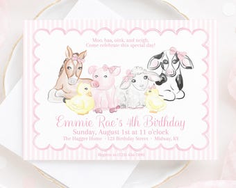 Watercolor Pink Farm Animal Birthday Invitation (5x7 Printable Digital Download) 1012
