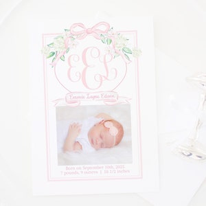 Aquarelle écusson hortensia avec noeud rose | imprimable 5 x 7 pour fille | Écusson rose monogramme | Photo de nouveau-né | 5015