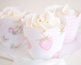 Pink Strawberry Cupcake Wrappers - Watercolor Printable Cupcake Wrapper Download 1015 for a Pink Strawberry Party or Strawberry Baby Shower