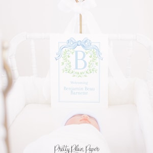 Baby Boy Watercolor Baby Name Sign | 8x10 Printable | Hospital Bassinet Newborn Name Card | Welcome Baby Announcement  Monogram Wreath 20004