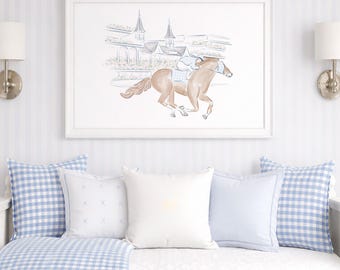 Impressão artística em aquarela de cavalo de corrida, cavalo e jóquei; Download digital imprimível 24x36; Arte do Kentucky Derby, decoração para quarto infantil com tema "Rumo às Corridas" 0106