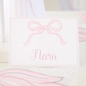 Tarjetas de lugar de lazo rosa o etiquetas de alimentos / Descarga imprimible editable / Cumpleaños de lazo rosa o baby shower / Bonnets & Bows Birthday / 1057 5001