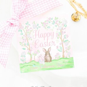Étiquette de Pâques | Lapin avec des arbres floraux roses | Téléchargement imprimable 3,5 x 3,5 | Chinoiseries à l'aquarelle | Étiquette-cadeau Joyeuses Pâques | École | 1022