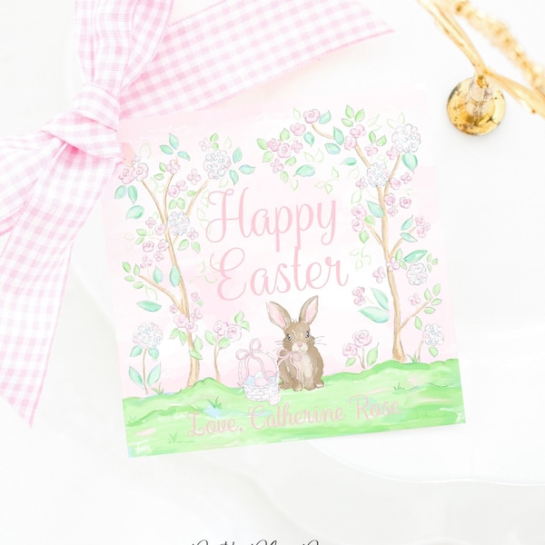 Easter Tag | Bunny with Pink Floral Trees | 3.5x3.5 Printable Download | Watercolor Chinoiserie | Happy Easter Gift Tag | School | 1022