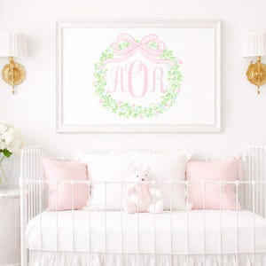Watercolor Monogram Wreath & Pink Bow Art; 24x36 Printable Digital Download; Initial or Monogram Crest Baby Nursery or Little Girl Room 5012
