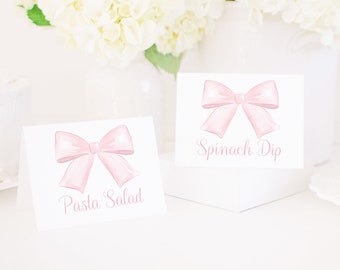 Watercolor Pink Bow Party Food & Beverage Labels or Place Cards | 3x4 Printable | Pink Gingham | Bows Party | Pink Bow Birthday | 1017 5007