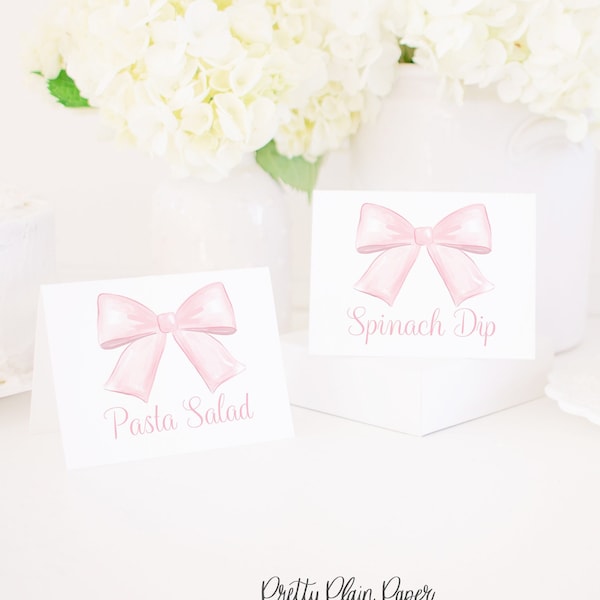 Watercolor Pink Bow Party Food & Beverage Labels or Place Cards | 3x4 Printable | Pink Gingham | Bows Party | Pink Bow Birthday | 1017 5007