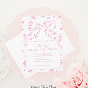 Watercolor Pink Bow Invitation with Pink Floral Print Border | 5x7 Printable | First 1st Birthday | Pink Rose Floral Bow | Baby Girl | 0160
