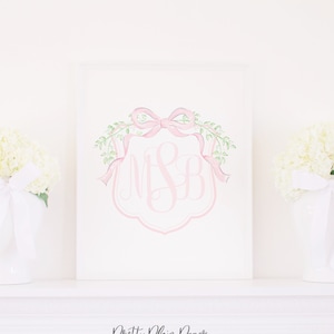 May include: A white framed print with a pink monogram and a pink bow on a white mantelpiece with two white vases with white flowers.