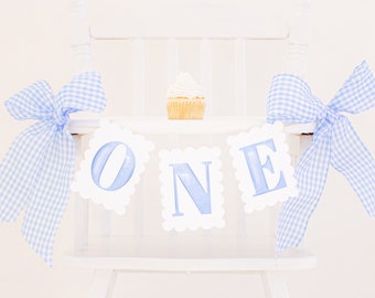 Blue Watercolor 'ONE' Scallop Edge High Chair Banner | Printable Download | Watercolor ONE High Chair Banner | First Birthday | 2000