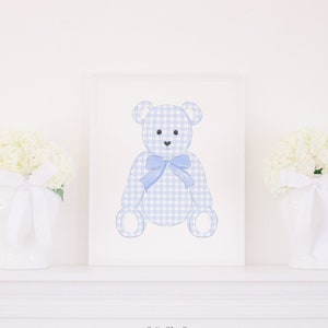 Watercolor Blue Gingham Teddy Bear Print | 8x10 or 16x20 | Printable | Grandmillennial Nursery Artwork | Little Baby Boy Nursery Art 20002