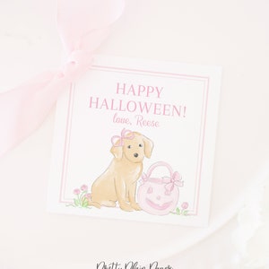 Etichetta di Halloween cucciolo rosa acquerello / 3.5x3.5 stampabile / Etichetta di Halloween acquerello / Cane / per ragazza / Bella / Preppy / Grandmillennial 1060