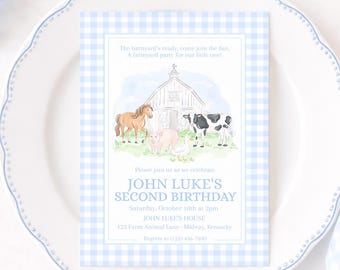 Farm Animals Birthday Invitation with Blue Gingham, Watercolor Preppy Grandmillennial Style (5x7 Digital Download) 3027