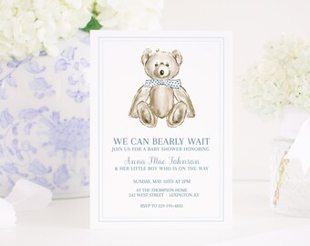 Uitnodiging voor baby shower van aquarel teddybeer | Draag baby shower uitnodiging | Teddybeerdouche voor jongen | Berenzoet | Berenwacht | 1062