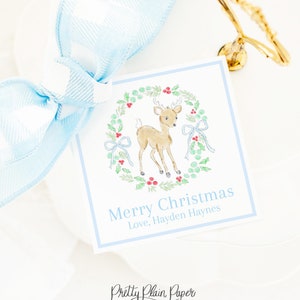 Blauer Rentier Weihnachtsgeschenkanhänger mit Schleife | 3.5x3.5 Printable | Aquarell Urlaub Kranz Geschenk Label | Aquarell Anhänger in Blau | 2001