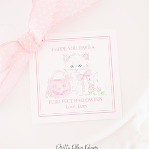 Watercolor White Cat Halloween Tag | 3.5x3.5 Printable | Watercolor Halloween Tag Kitten | Pink Halloween | Preppy | Grandmillennial | 1060