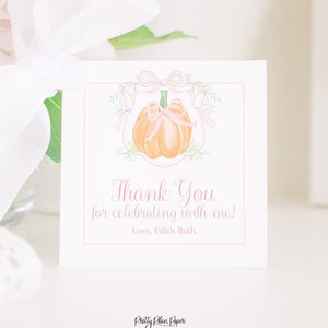 Watercolor Pink Pumpkin Crest Favor Tag | Bow & Pumpkin Crest Party Favor | Birthday, Baby Shower or Bridal Shower | First 1st Birthday 1056