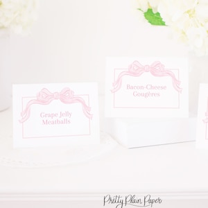 Aquarell rosa Schleife Lebensmitteletiketten oder Tischkarten | 3x4 Tent Style Printable | Pink Bow Party oder Baby Shower Zeichen | 10002
