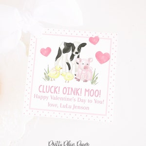 Aquarell rosa Bauernhof Tiere Valentine Tag | 3.5 x 3.5 Printable | Kuh Schwein Küken | Oink, Gluck, Moo | Schultüte für ein Mädchen | 1021