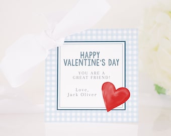 Blue Gingham & Red Heart Valentine Tag for a Valentine&#39;s Day | Valentine Treat Tag for School | Watercolor Printable Tag Download | 1021