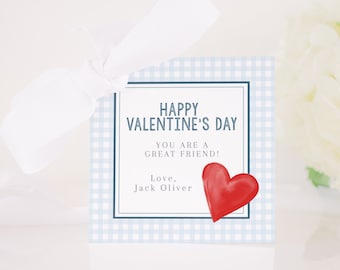 Etiqueta de San Valentín Blue Gingham & Red Heart para un día de San Valentín / Etiqueta de regalo de San Valentín para la escuela / Descarga de etiquetas imprimibles en acuarela / 1021