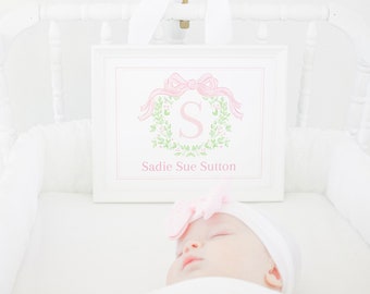 Watercolor Baby Name Sign | 8x10 Printable | Baby Girl Pink Hospital Bassinet Newborn Name Card | Welcome Announcement Monogram Wreath 10002