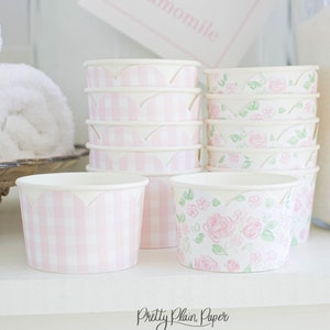 Envoltorios de vasos de papel de 4 oz / Floral rosa y cuadros vichy rosas / Imprimibles / Fiesta de spa de maquillaje / Grandmillennial Preppy / Vaso de helado 5017 5040