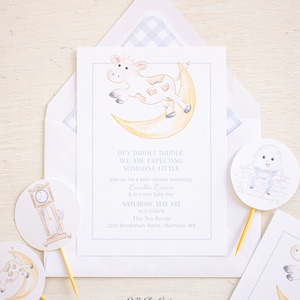 Watercolor Cow Jumped Over the Moon Baby Shower Invitation | Printable Invitation 1030 | Nursery Rhyme Baby Shower for a Boy