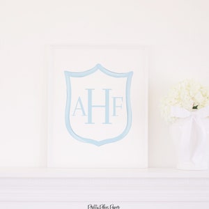 Simple Watercolor Monogram Blue Crest Print | Printable 16x20 | Watercolor Blue Crest Artwork for Boy | Newborn Crest for Nursery | 20001