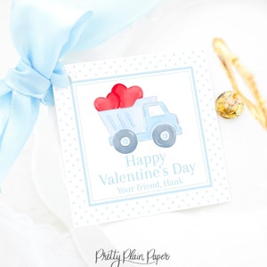 Etiqueta de San Valentín / Camión volquete con corazones / Descarga digital imprimible 3.5x3.5 / Etiqueta de San Valentín acuarela / Gingham azul / Regalo escolar / 1021