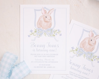 Zaproszenie na urodziny z motywem króliczka akwarelowego | Zaproszenie Watercolor Some Bunny is ONE, 1023 | Zaproszenie Crest Bunny dla chłopca | Baby Shower z motywem króliczka akwarelowego
