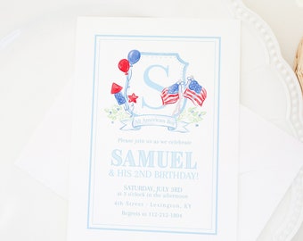 Convite | 5x7 | TODO o texto é editável | Festa de aniversário branca e azul vermelha | 4 de julho | Bandeira americana em aquarela | 2º aniversário 9001