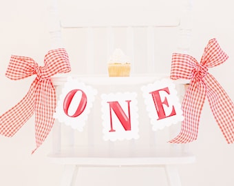 Red Watercolor 'ONE' Scallop Edge High Chair Banner | Printable Download | Watercolor ONE High Chair Banner | First Birthday | 9000